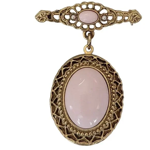 1928 Brand Faux Coral Clear Rhinestone Locket Bar Pin Brooch, K351